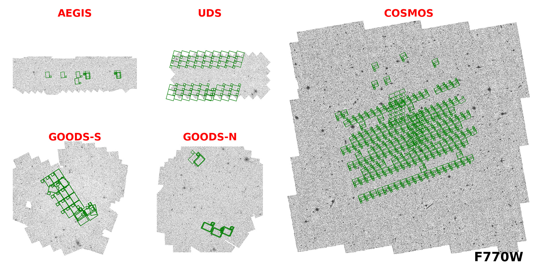 Layouts of completed JWST MIRI observations for five HST Deep extragalactic fields